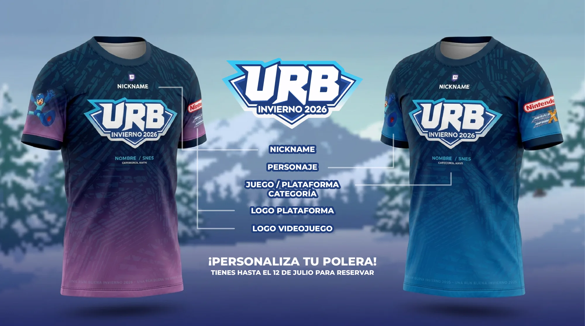 Frente de la polera URB Invierno 2026 en azul y rosado, con los puntos de personalización: nickname, personaje, juego, plataforma y logos.